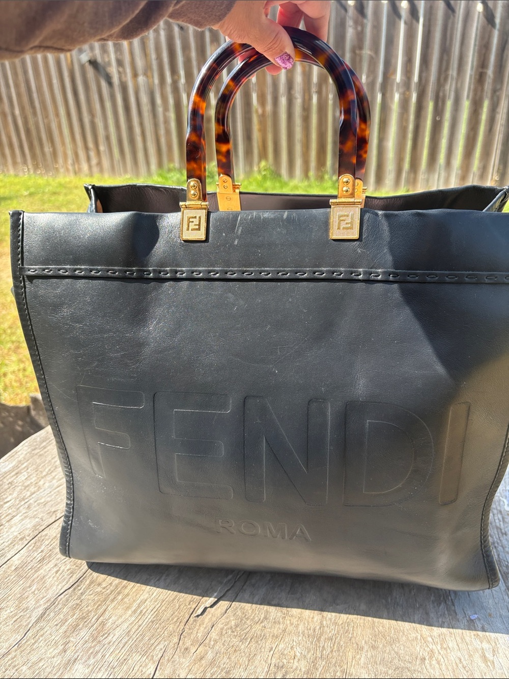 Fendi Black Leather Tote with Tortoiseshell Handles